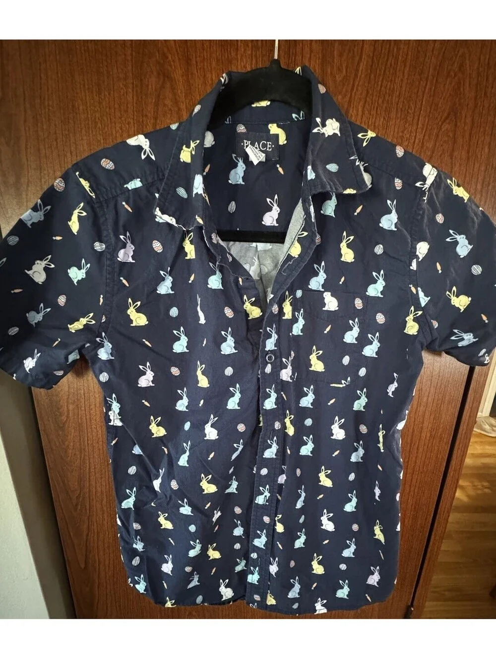 The Children’s Place Boys XL 14 Easter Bunny Egg Button Up Shirt Cotton Navy